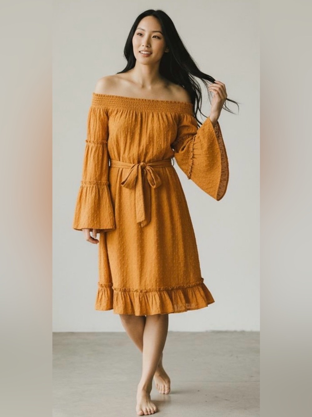 NWT Talisman Mantra Dotted Swiss Off-the-Shoulder Belted Midi Dress in Mustard S